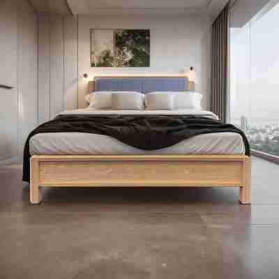 Bivio Bed frame with Upholstered headboard, Queen, Oak, 2198x1682x1010mm Profile Picture