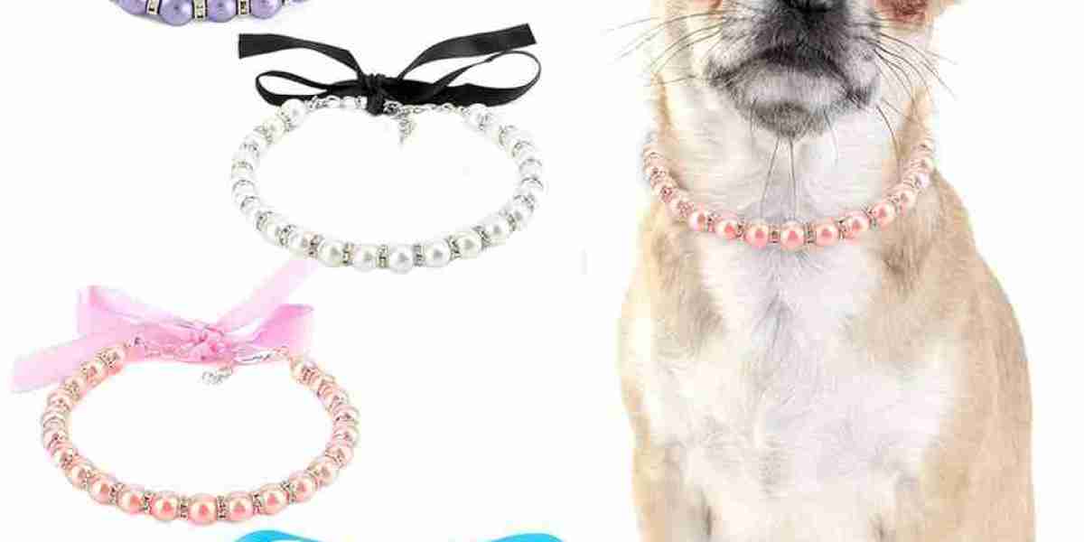 CUTE DOG COLLARS: JEWELED PEARL DOG COLLAR WITH SATIN RIBBON BOW